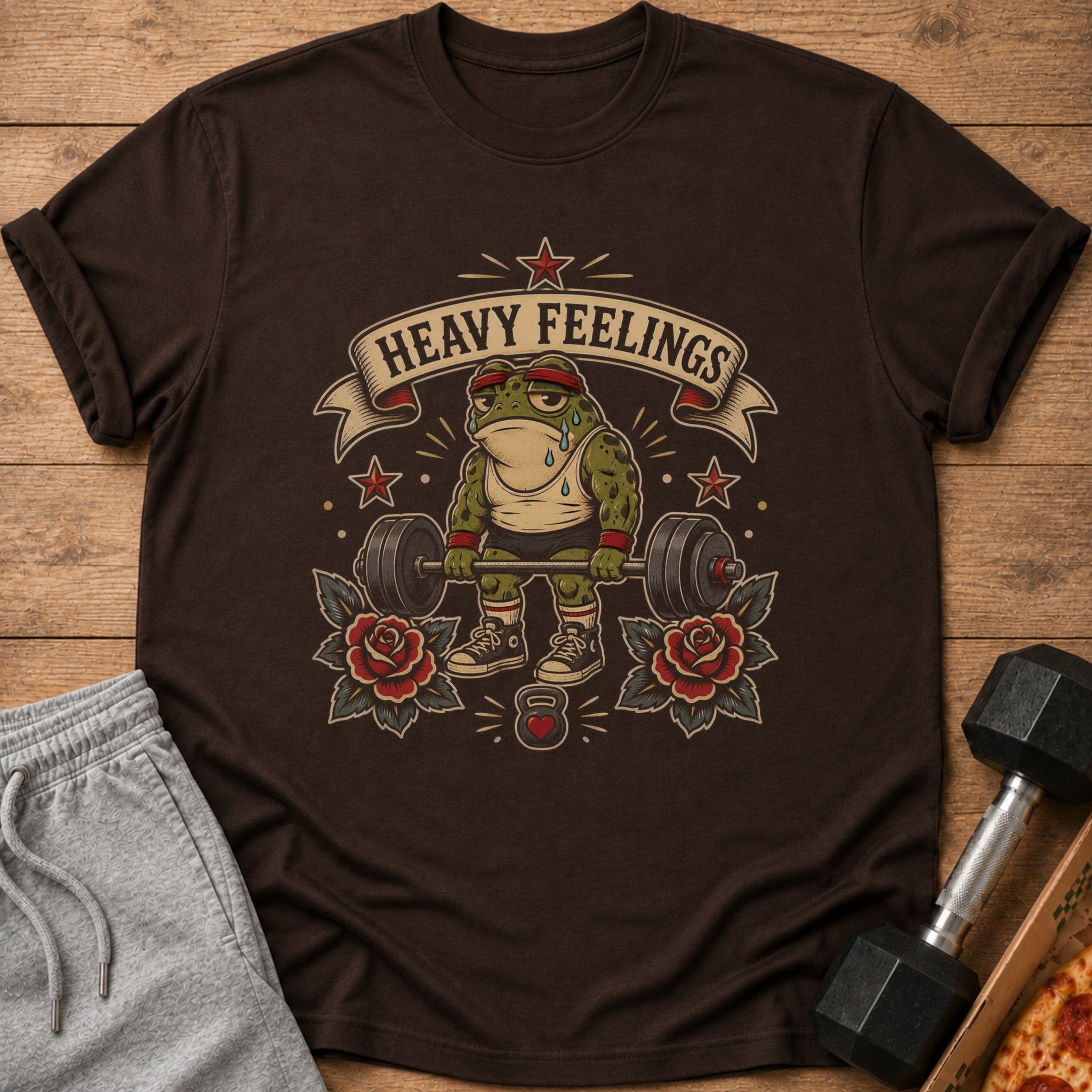Brown t-shirt featuring a frog wearing a headband and tank top lifting a barbell.