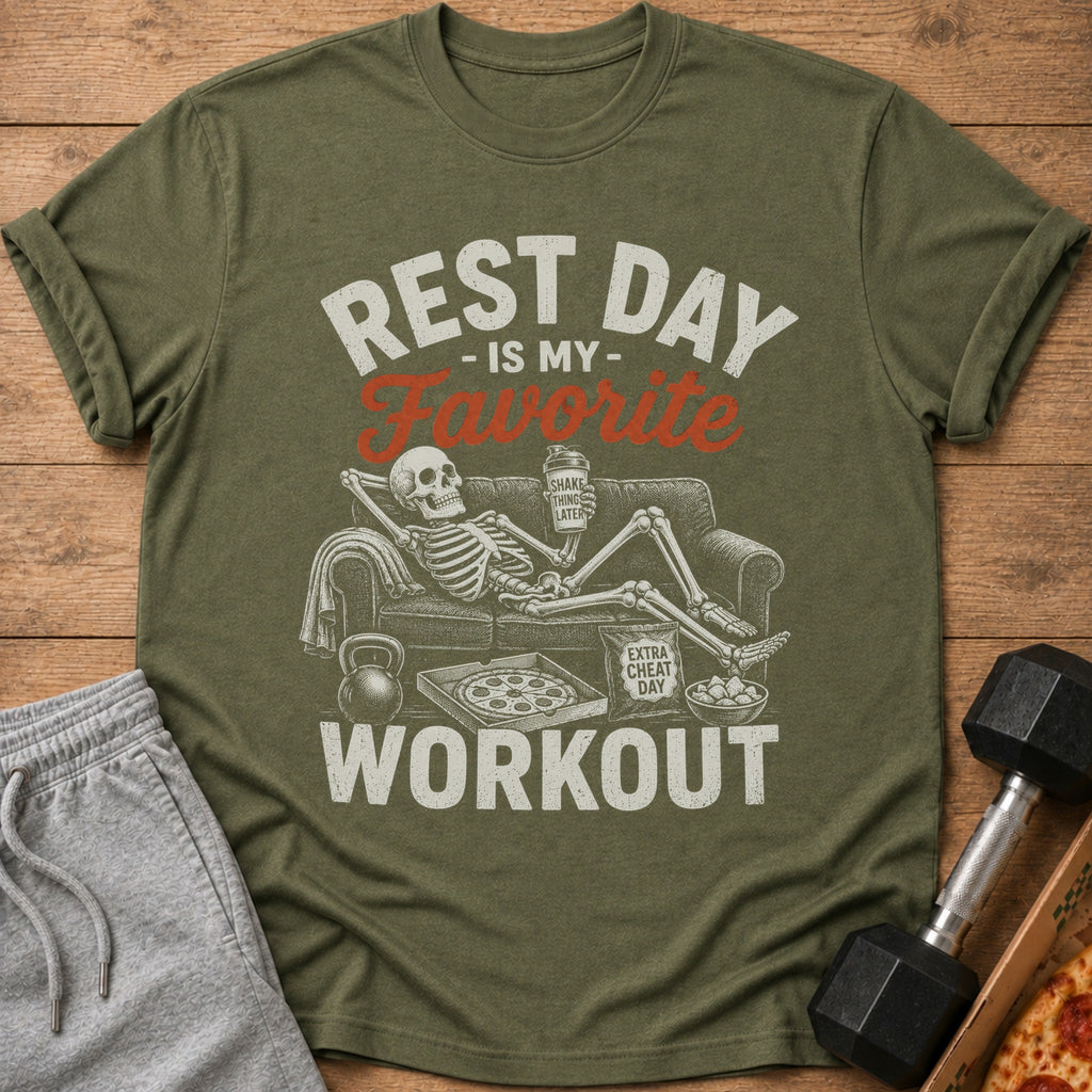 Green t-shirt with skeleton lounging on couch, text "Rest Day is My Favorite Workout".