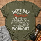 Green t-shirt with skeleton lounging on couch, text "Rest Day is My Favorite Workout".