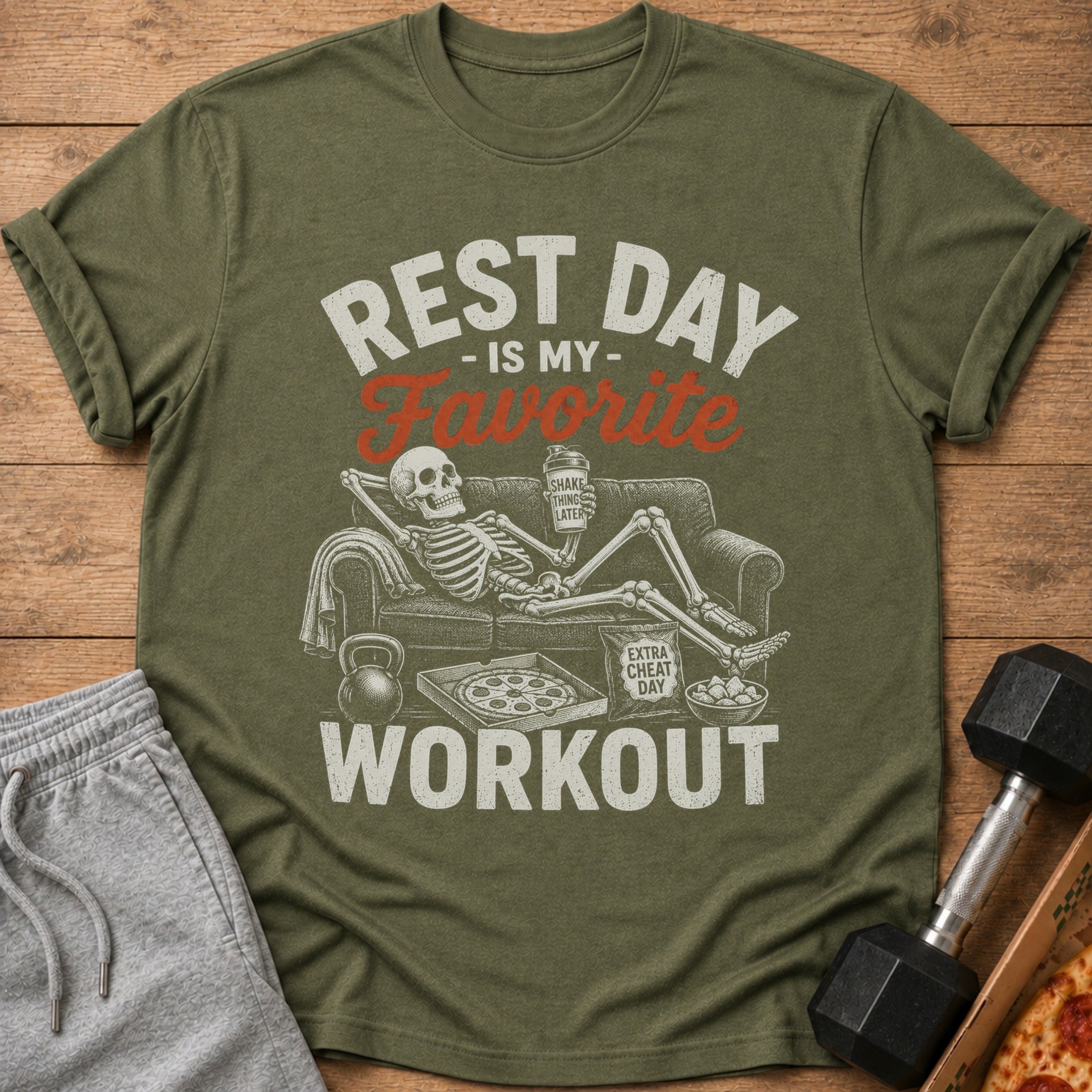 Green t-shirt with skeleton lounging on couch, text "Rest Day is My Favorite Workout".