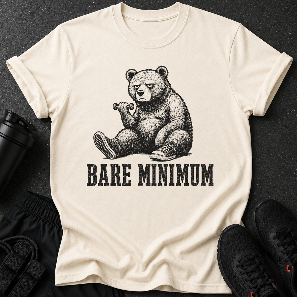 Cream t-shirt with a drawing of a bear lifting a dumbbell and the text "BARE MINIMUM".