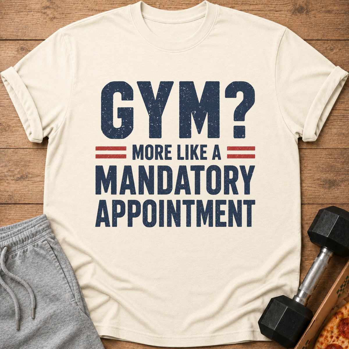 Cream t-shirt with text "GYM? MORE LIKE A MANDATORY APPOINTMENT".