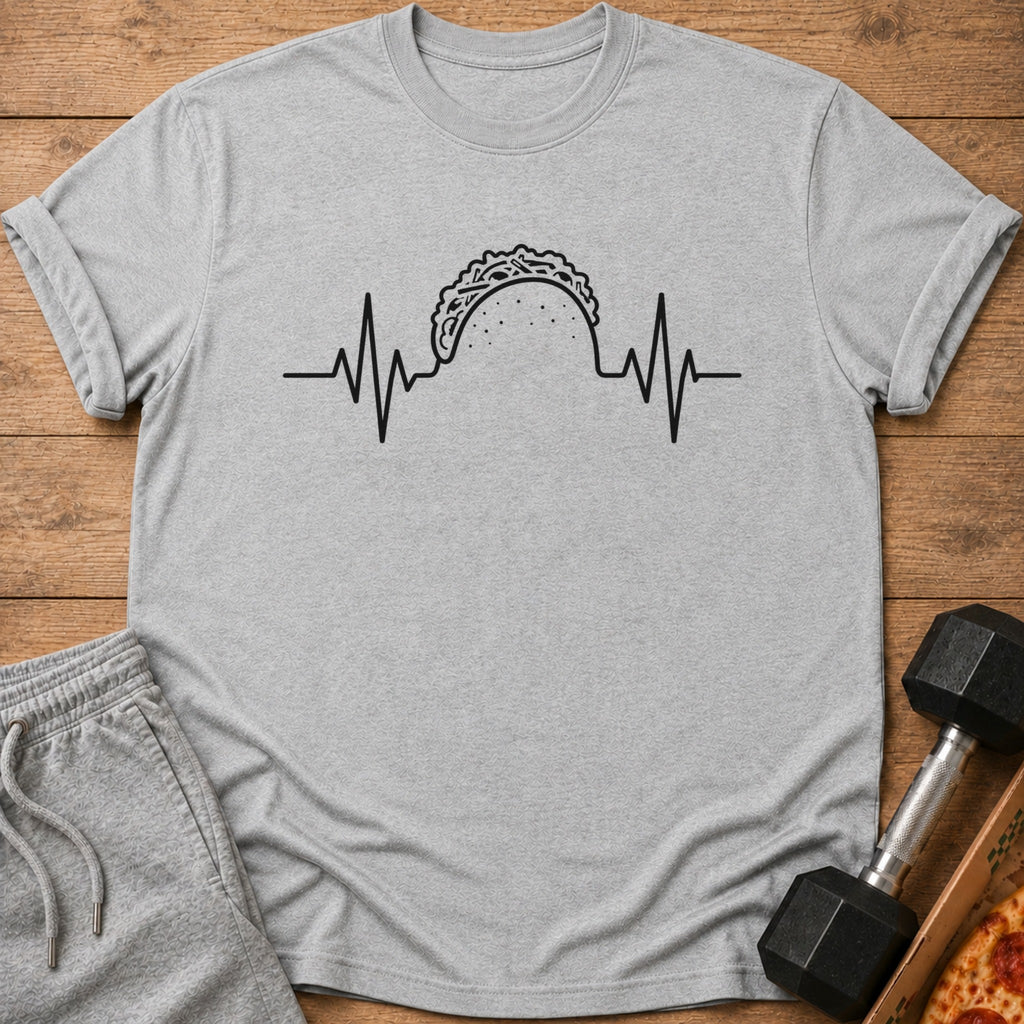 Gray t-shirt with taco heartbeat graphic and folded sleeves.