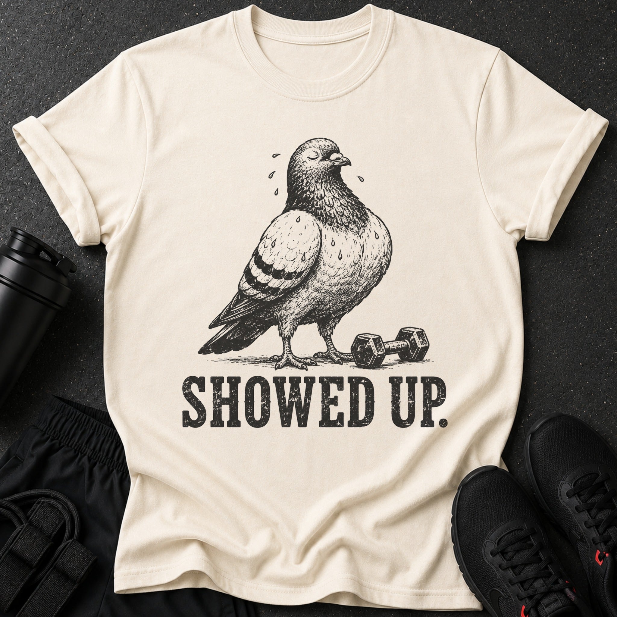 Cream t-shirt with distressed pigeon graphic and "SHOWED UP." text.
