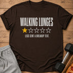 Brown t-shirt with text "WALKING LUNGES" and one yellow star rating.