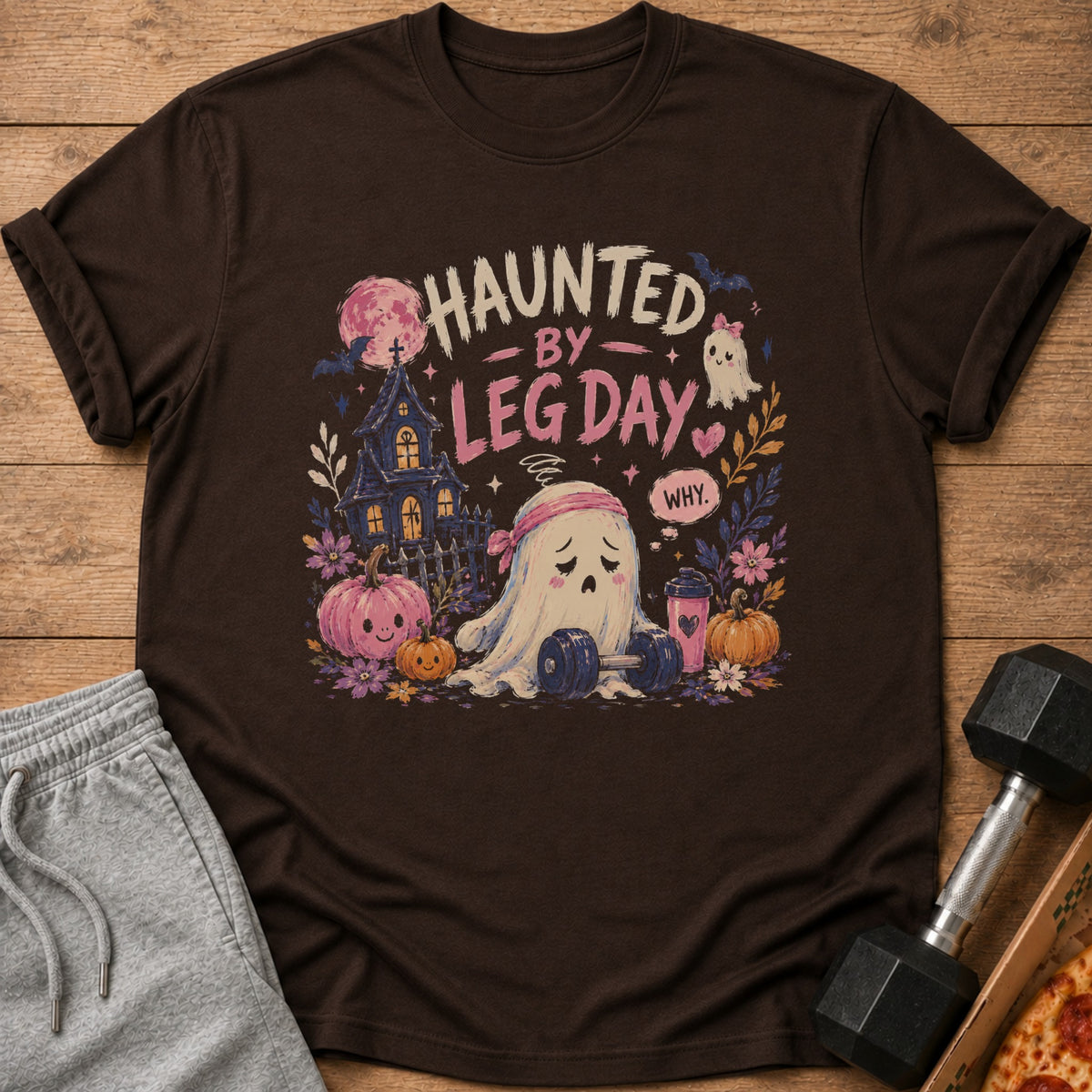 T-shirt with ghost lifting weights and text "Haunted By Leg Day. WHY."
