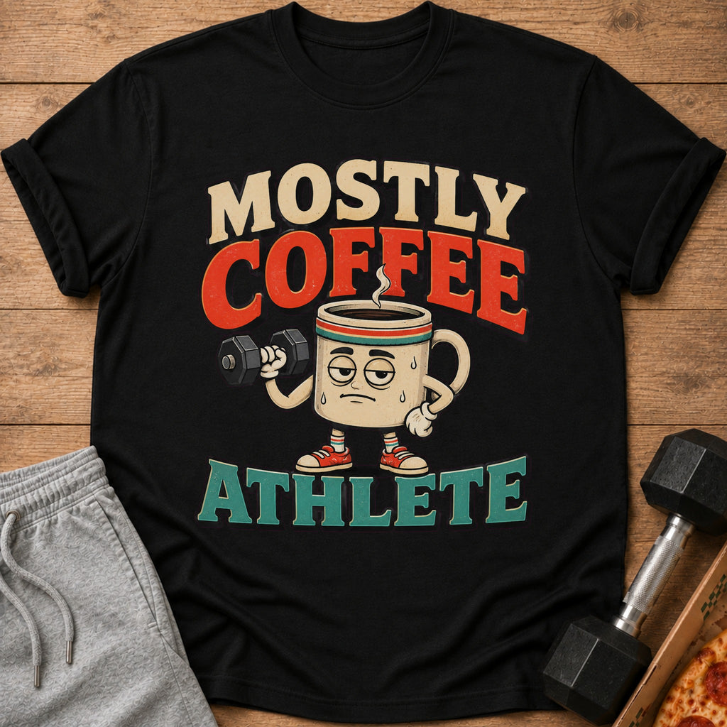 T-shirt with "Mostly Coffee Athlete" text and cartoon coffee mug lifting dumbbell.