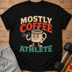 T-shirt with "Mostly Coffee Athlete" text and cartoon coffee mug lifting dumbbell.