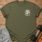 Olive green t-shirt with white graphic of a sloth and text "MILDLY ATHLETIC".