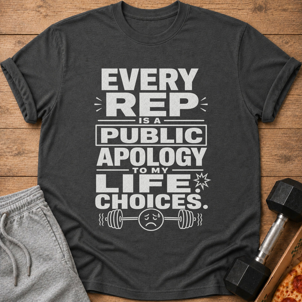 Dark grey t-shirt with white text "EVERY REP IS A PUBLIC APOLOGY TO MY LIFE CHOICES" and barbell graphic.