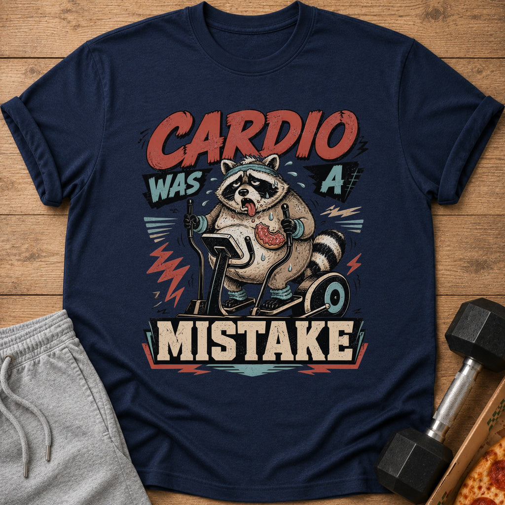 T-shirt with cartoon raccoon on elliptical machine and text "Cardio Was A Mistake."