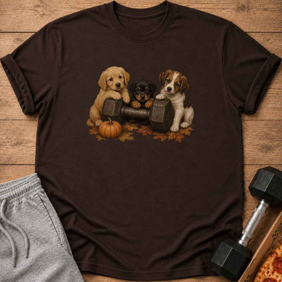 Three puppies rest paws on a dumbbell surrounded by autumn leaves and a pumpkin.