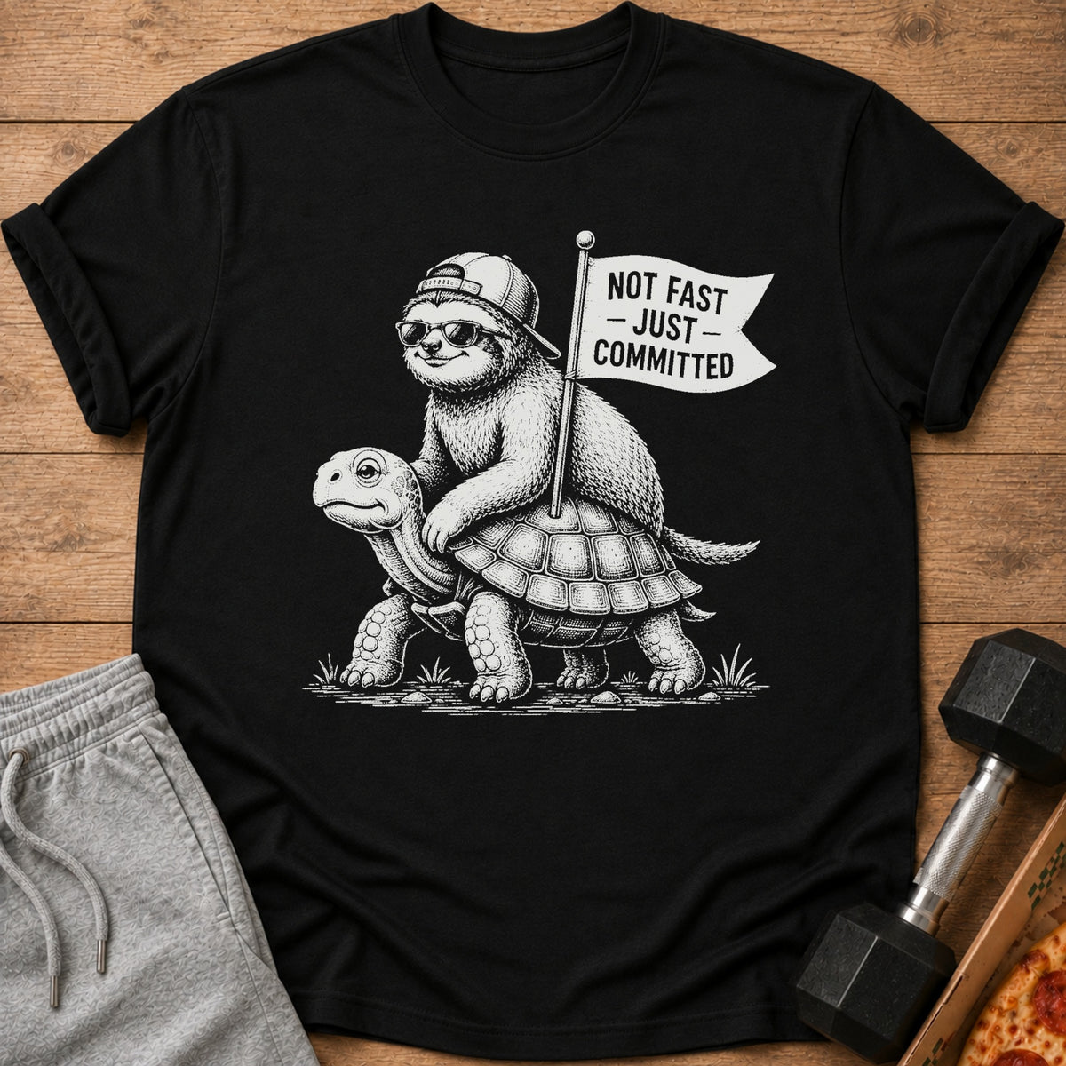 Black t-shirt with a sloth riding a turtle, holding a "Not Fast - Just Committed" flag.