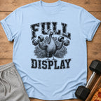 Light blue t-shirt with a black graphic of a peacock lifting dumbbells, text "FULL DISPLAY".