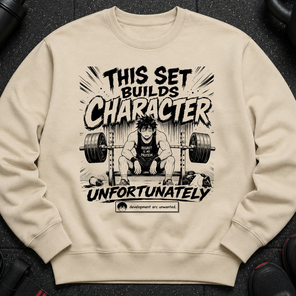 Crewneck sweatshirt with "This set builds character" and anime weightlifter artwork.