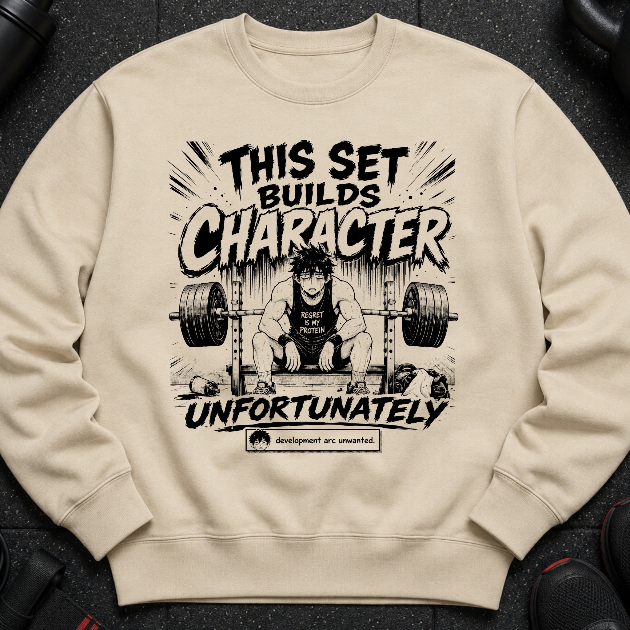 Crewneck sweatshirt with "This set builds character" and anime weightlifter artwork.