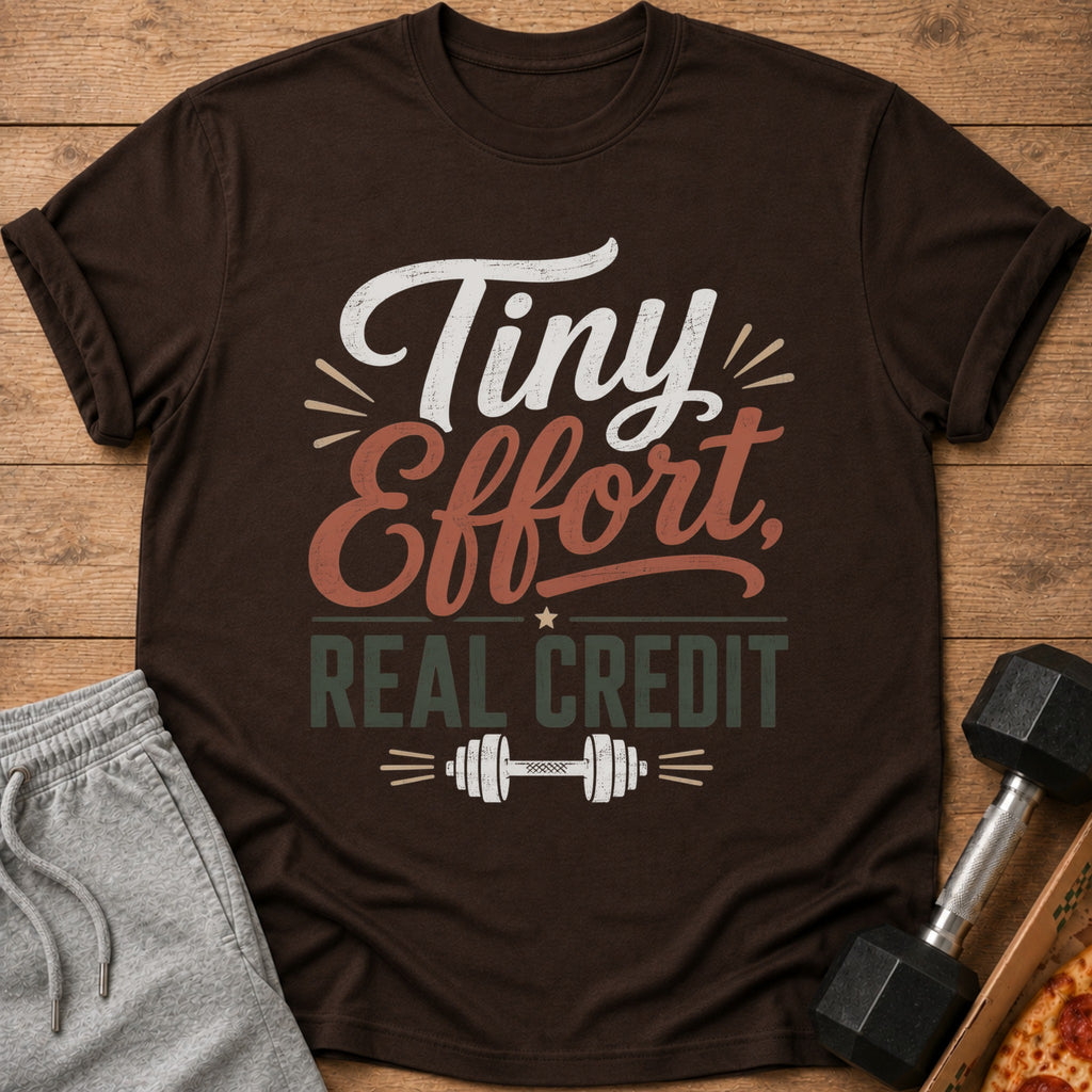 Brown t-shirt with "Tiny Effort, Real Credit" text and dumbbell graphic.