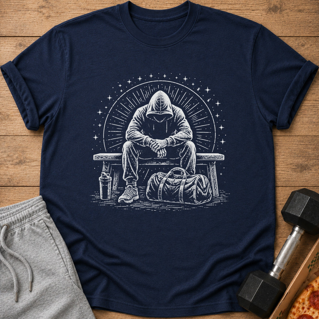 Navy t-shirt with a sketch of a person in a hoodie sitting with a gym bag and shaker bottle.