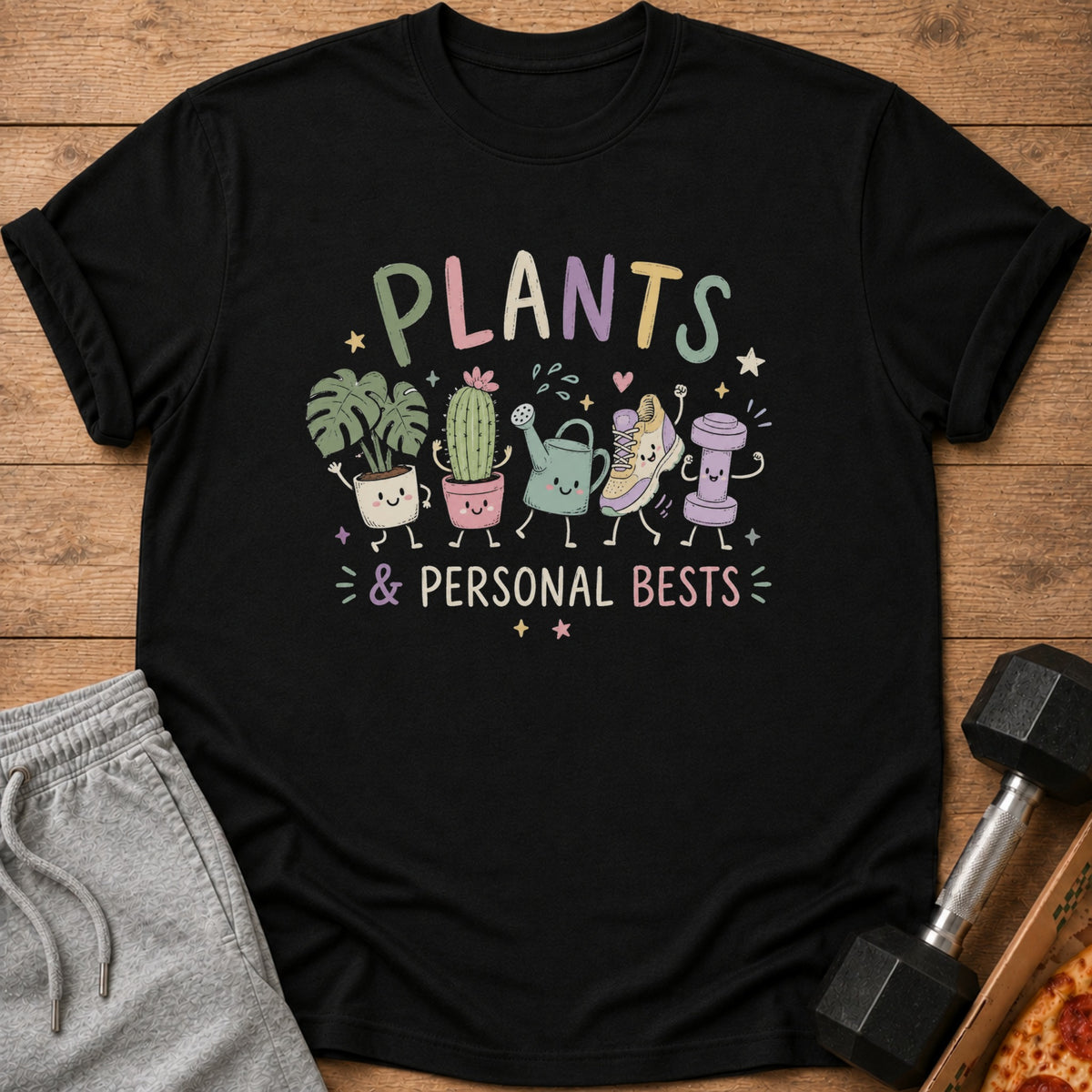 Black t-shirt with "PLANTS & PERSONAL BESTS" and cute cartoon plants and gym items.
