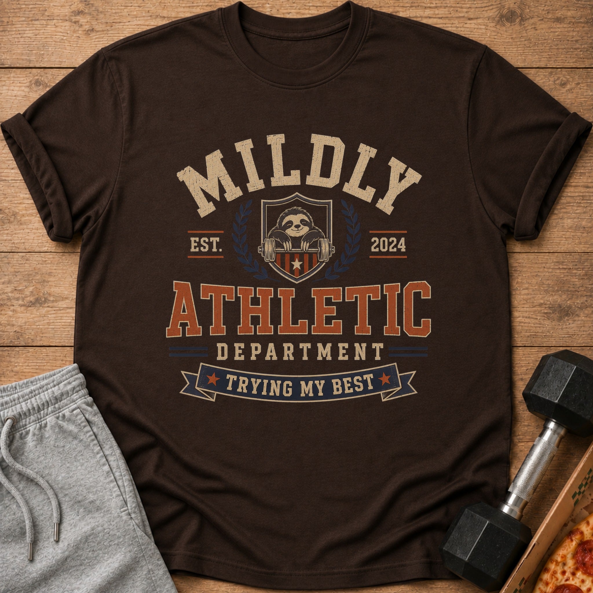 Brown t-shirt with "Mildly Athletic Department Trying My Best" text and sloth graphic.