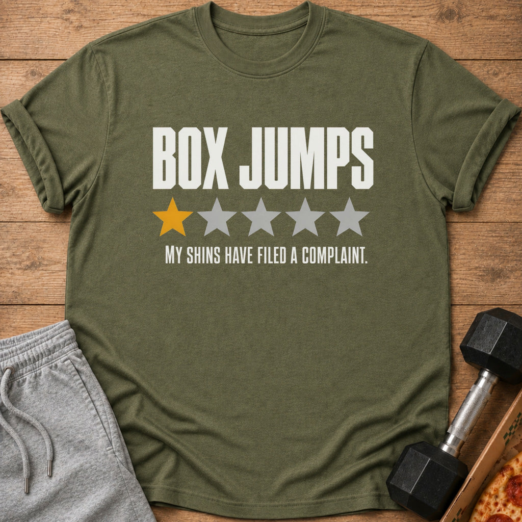 Olive green t-shirt with "BOX JUMPS" text, one yellow star, and four gray stars.