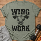 T-shirt with a duck lifting weights, text "WING WORK".