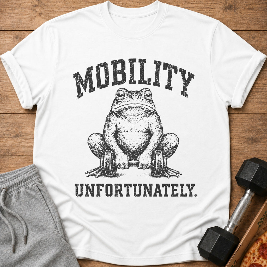 White t-shirt with distressed print of a frog lifting dumbbells, text reads "MOBILITY UNFORTUNATELY."