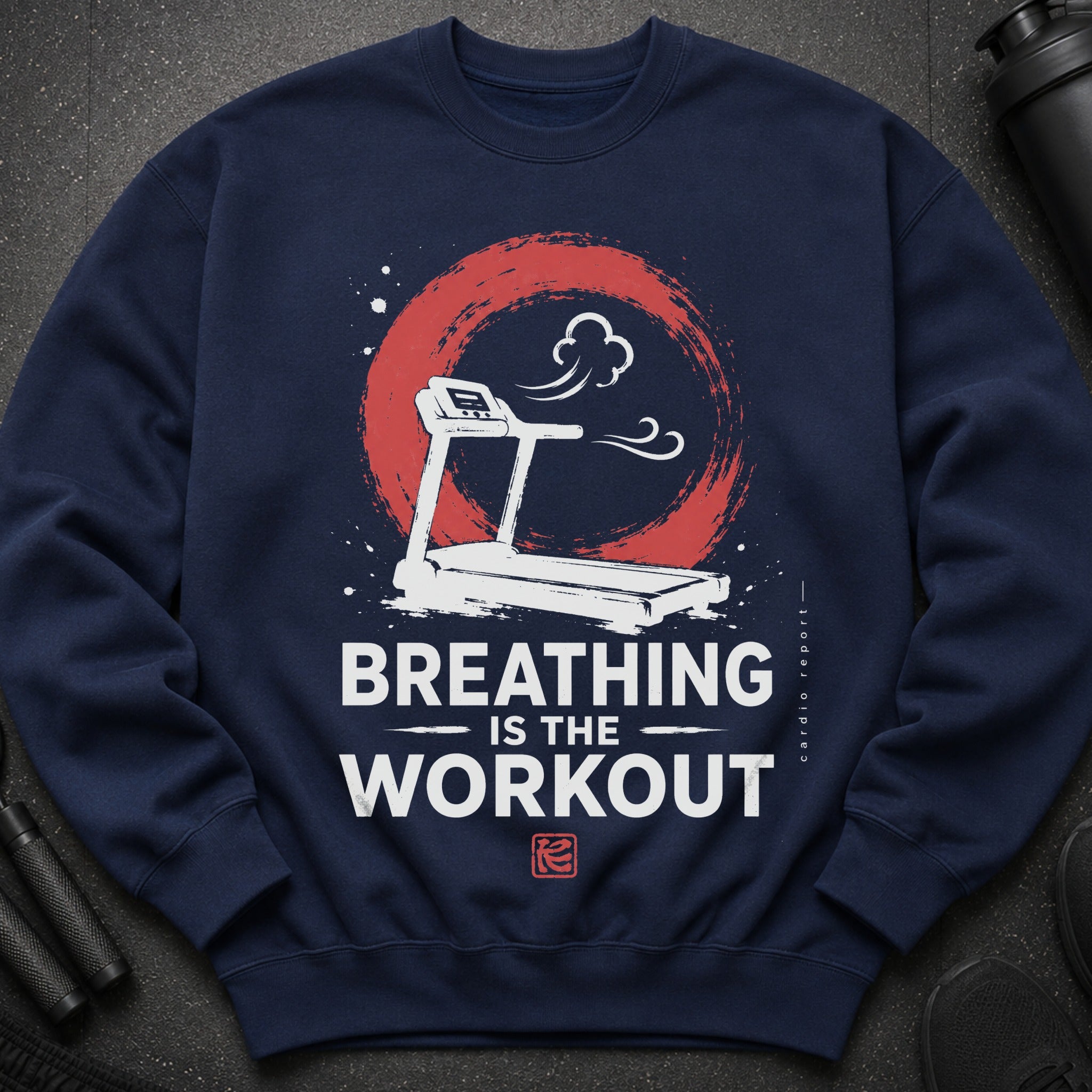 Navy sweatshirt with treadmill graphic and "BREATHING IS THE WORKOUT" text.