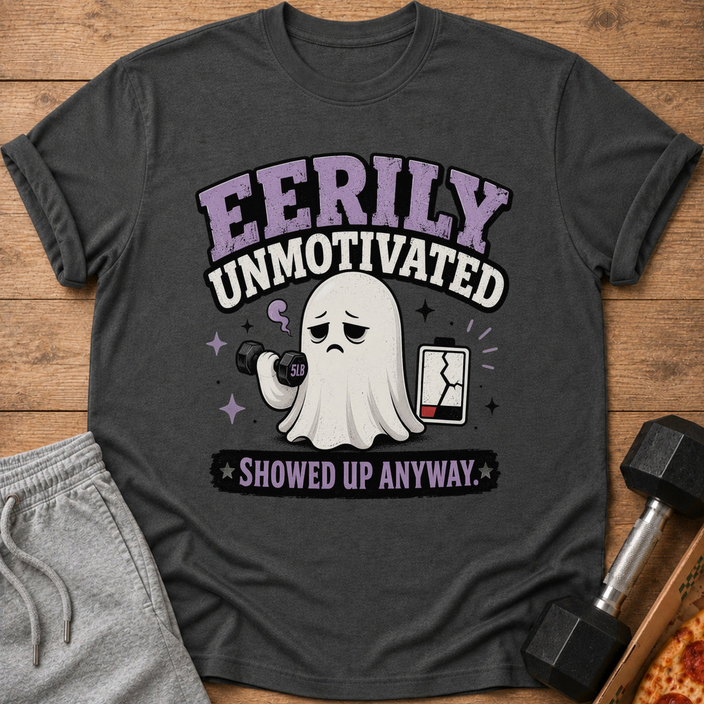 T-shirt with a sad ghost holding a 5lb dumbbell and a low battery icon.