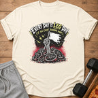 T-shirt with skeleton hand holding flag over weight plates, reads "Every Day Is Leg Day (If You Count Running Away)".
