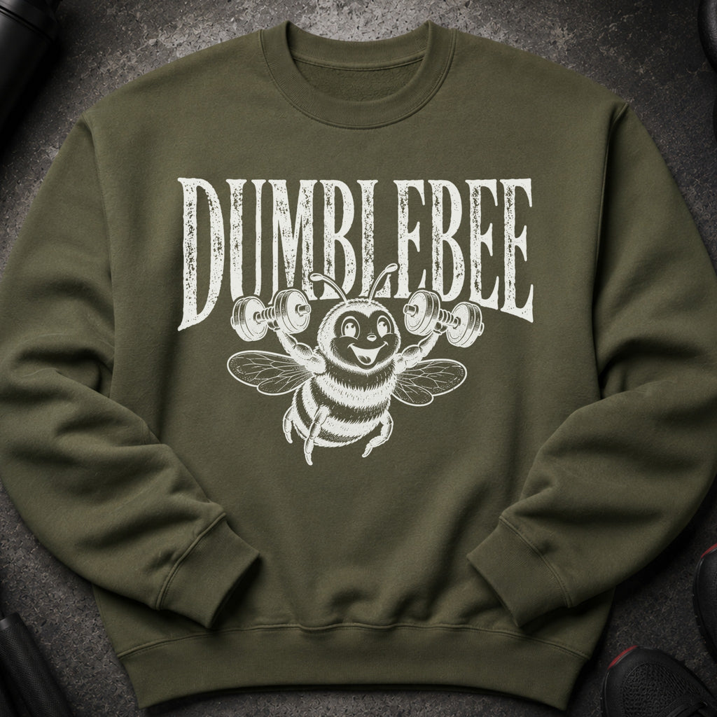Green sweatshirt with "DUMBLEBEE" text and a cartoon bee lifting weights.