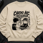 Cream sweatshirt with black graphic of anime character looking at a treadmill, text "Cardio Arc Cancelled."