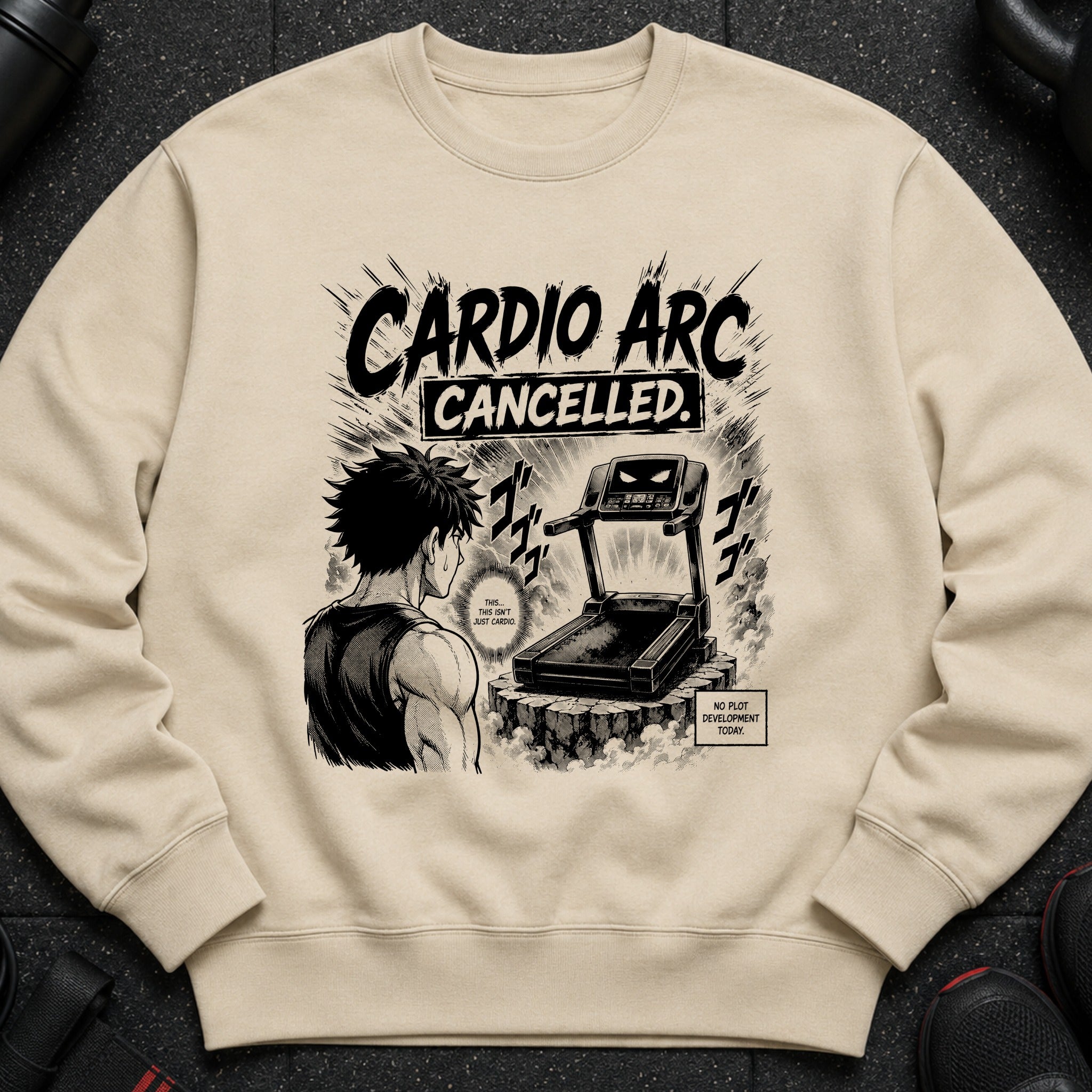 Cream sweatshirt with black graphic of anime character looking at a treadmill, text "Cardio Arc Cancelled."