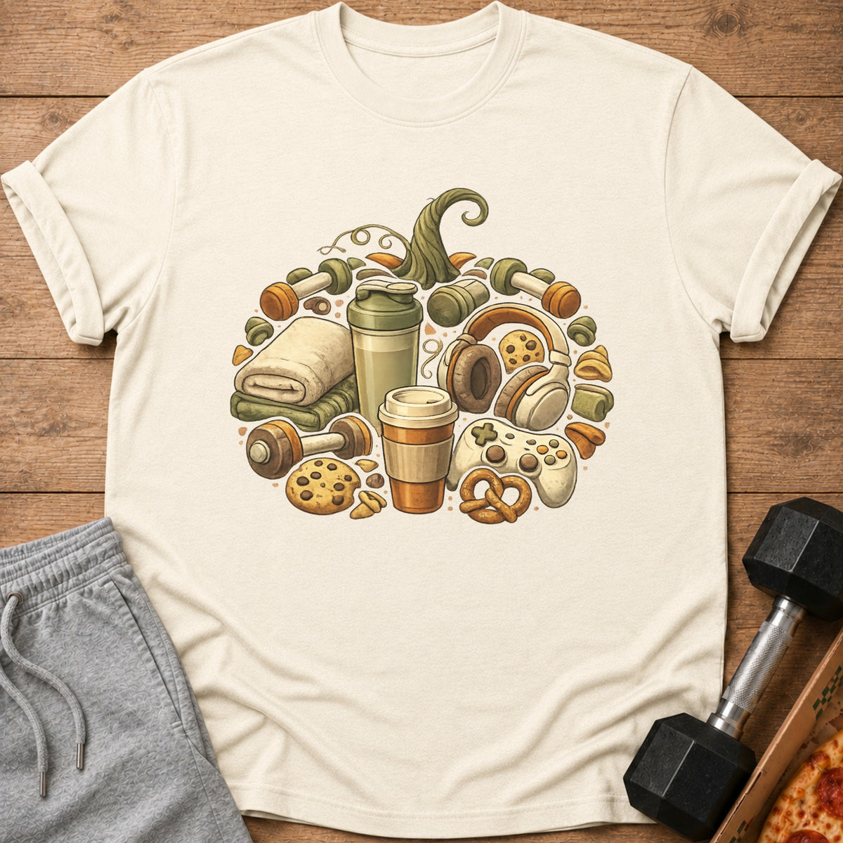 Cream t-shirt with a pumpkin graphic made of dumbbells, headphones, coffee, and snacks.
