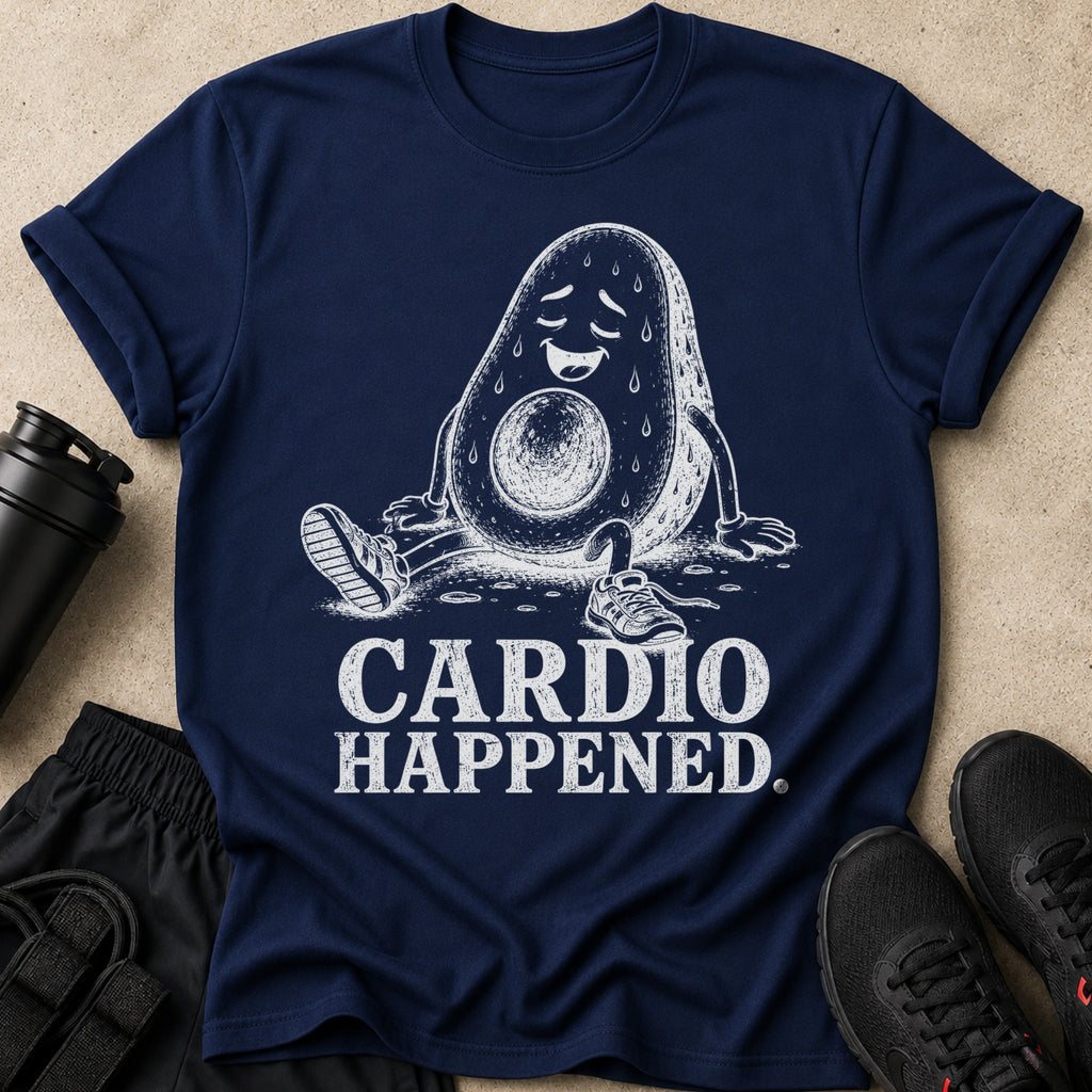 Navy t-shirt with a distressed avocado character sitting, sweating, with text "CARDIO HAPPENED."