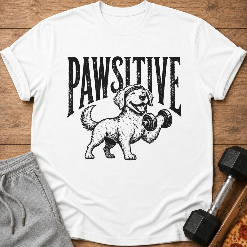 White t-shirt with black graphic of dog lifting dumbbell and text "PAWSITIVE".