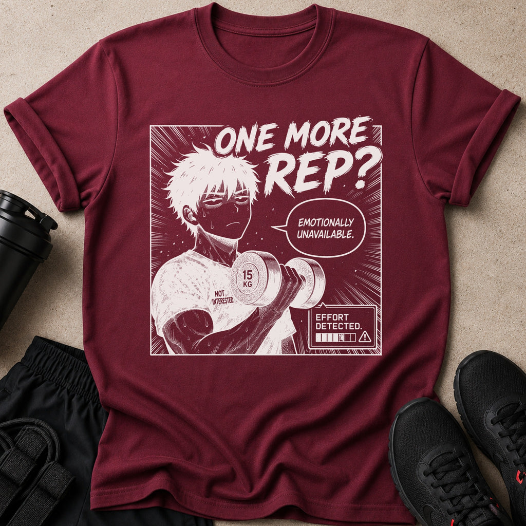 Maroon t-shirt with anime art of a man lifting weights saying "One More Rep?"