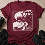 Maroon t-shirt with anime art of a man lifting weights saying "One More Rep?"