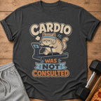T-shirt with cartoon cat on treadmill, text "Cardio Was Not Consulted".
