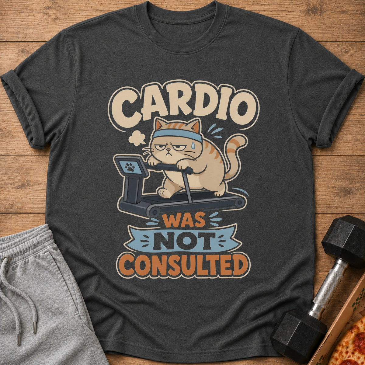 T-shirt with cartoon cat on treadmill, text "Cardio Was Not Consulted".