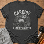 T-shirt with text "Cardio? I Hardly Know '10" and a panda lifting weights.