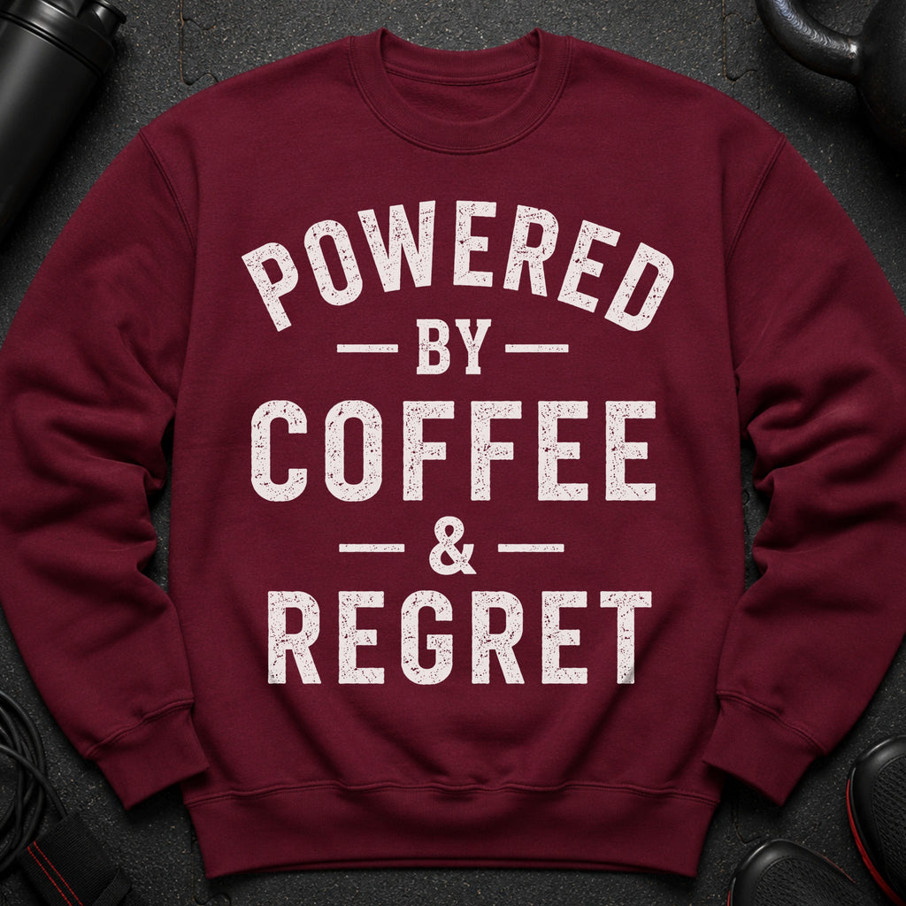 Maroon sweatshirt with distressed white text "POWERED BY COFFEE & REGRET".