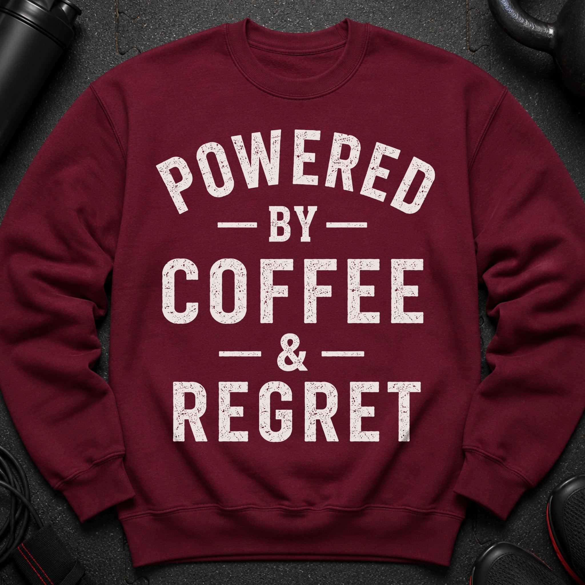 Maroon sweatshirt with distressed white text "POWERED BY COFFEE & REGRET".