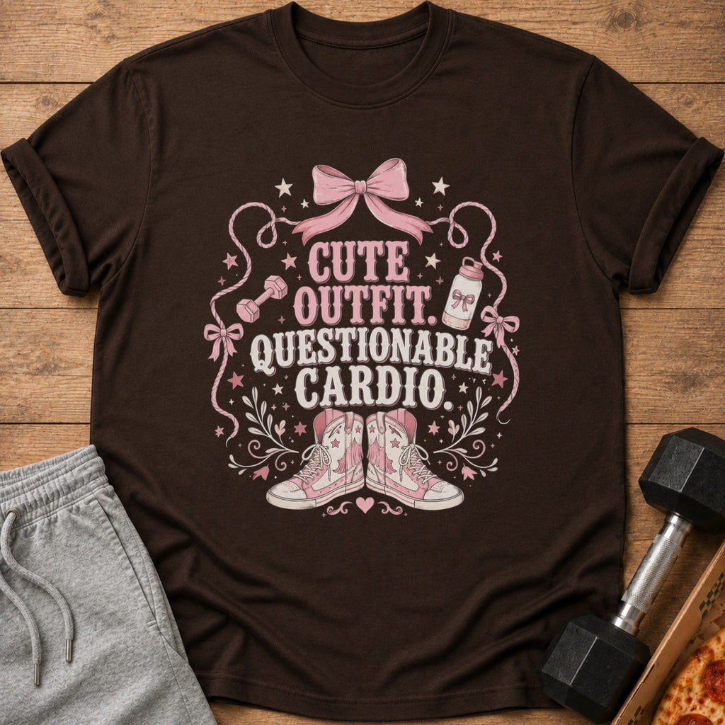 Brown t-shirt with "Cute Outfit. Questionable Cardio." text, pink bow, dumbbell, water bottle, and sneakers.