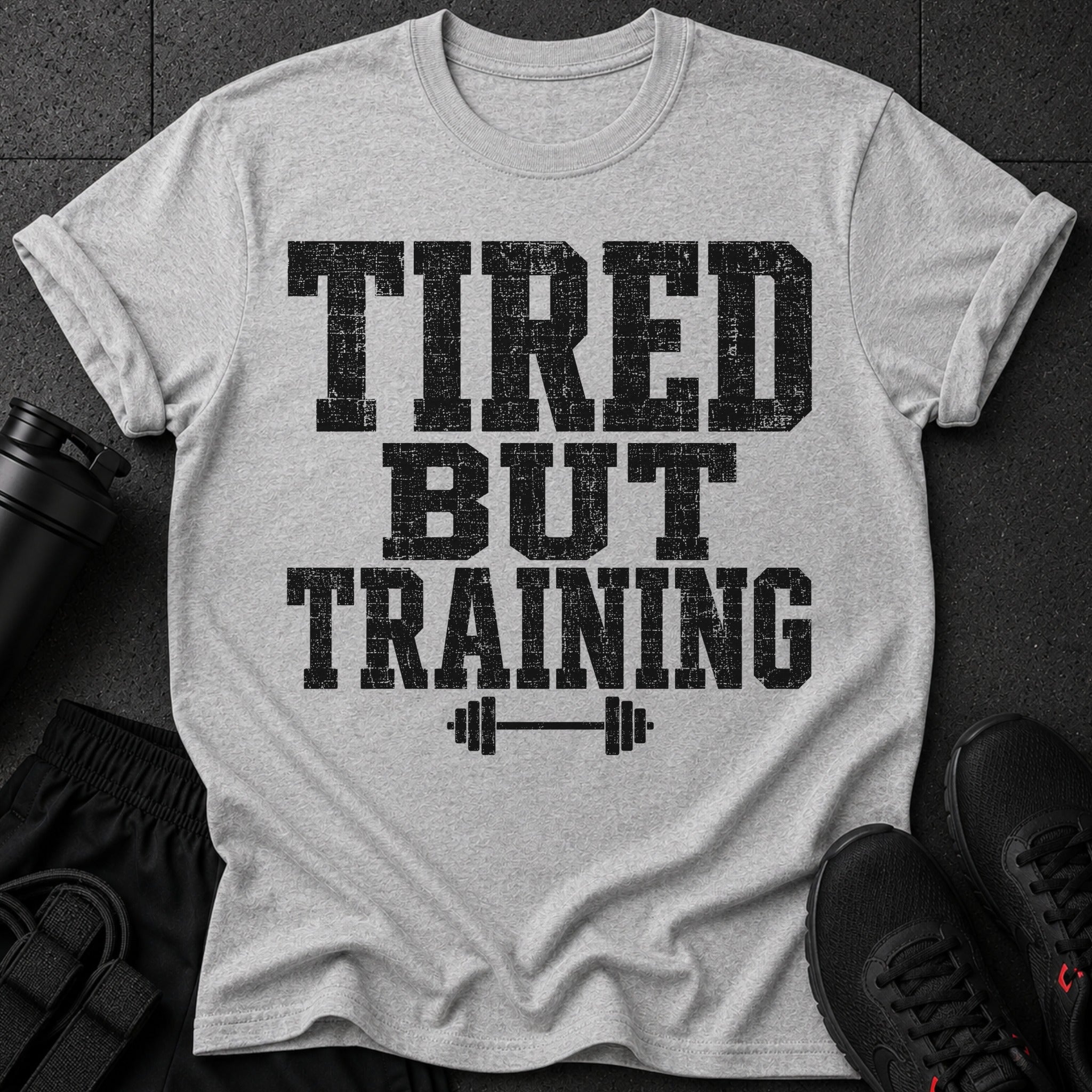 Grey t-shirt with black distressed text "TIRED BUT TRAINING" and barbell graphic.