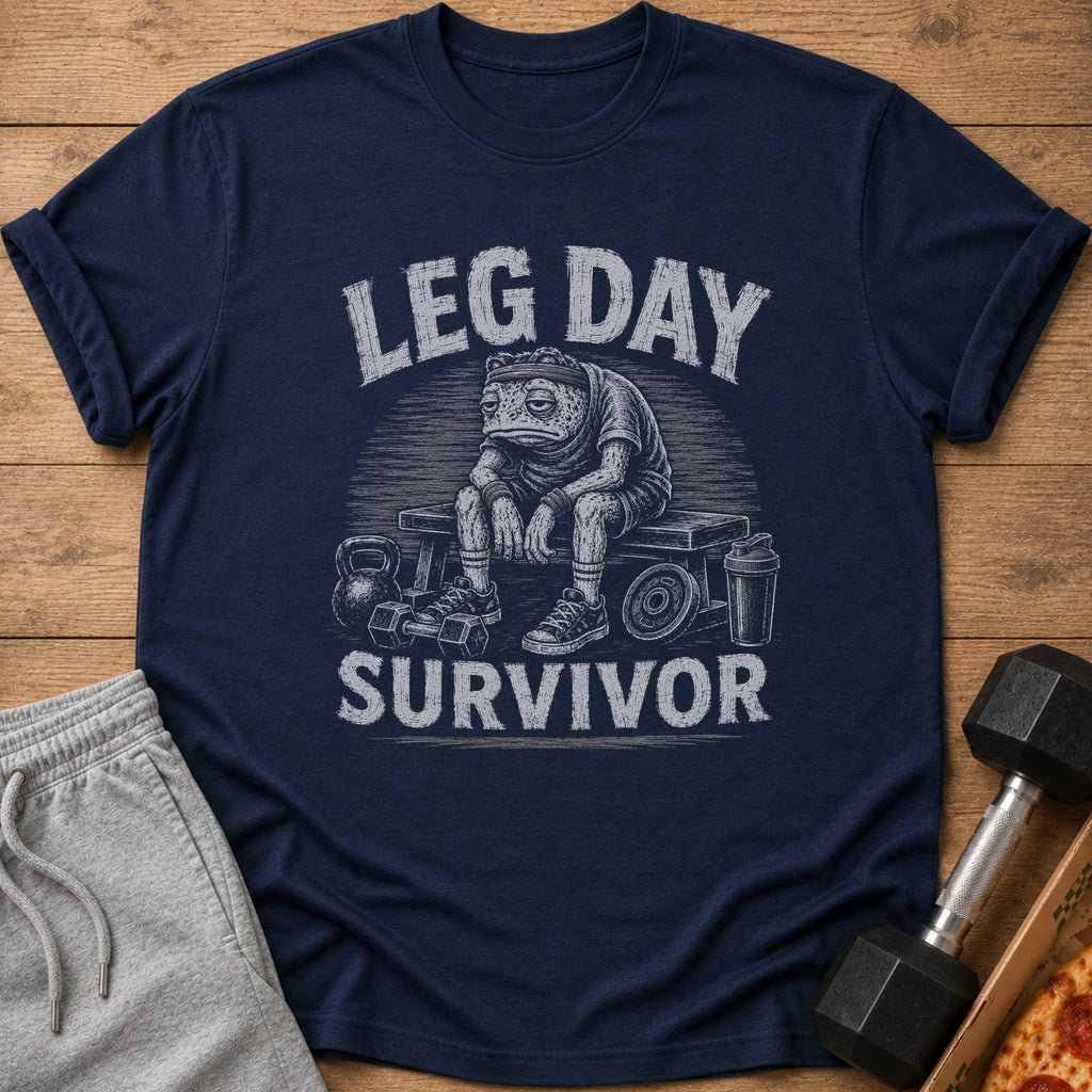 Navy t-shirt with a frog on a bench with weights and text "LEG DAY SURVIVOR".