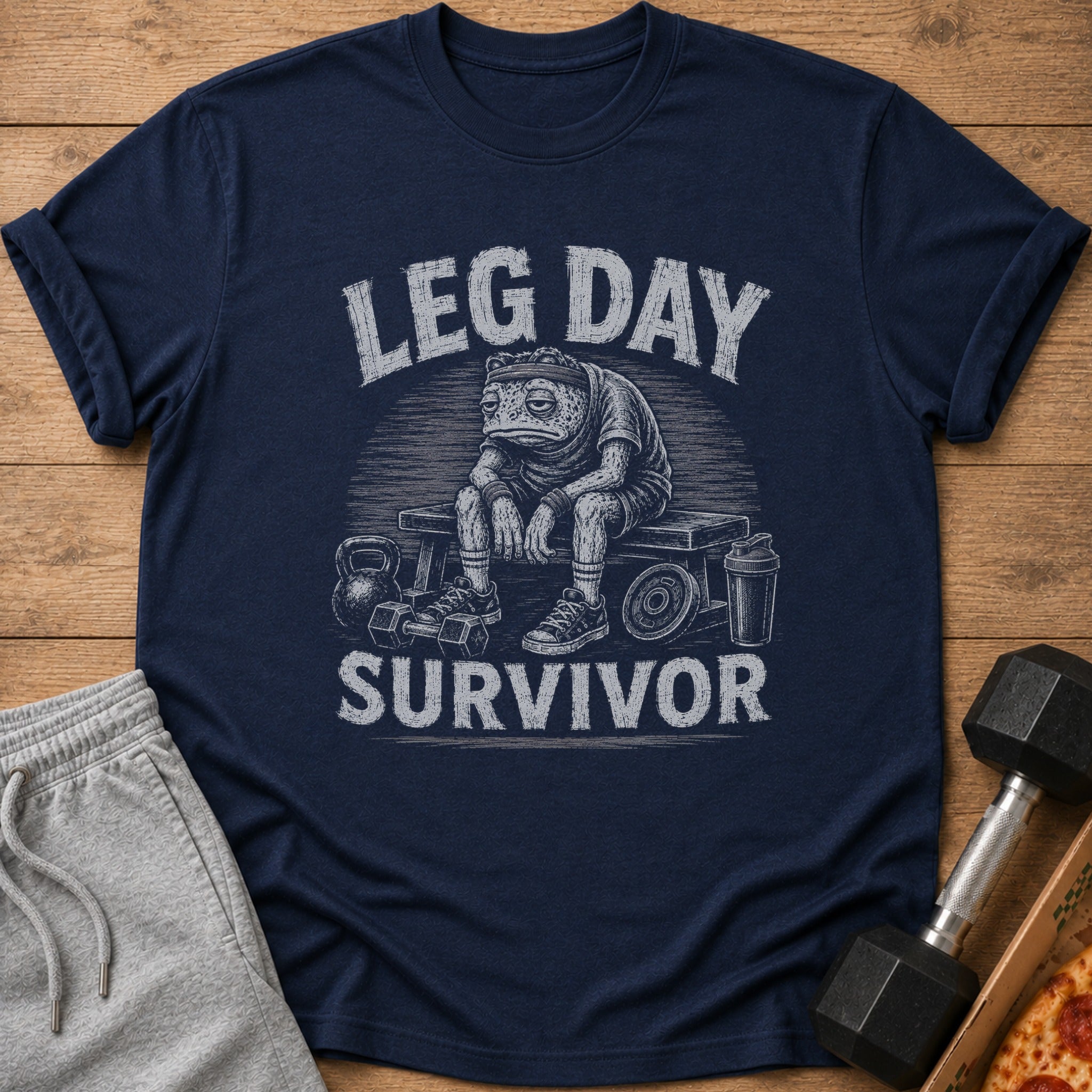 Navy t-shirt with a frog on a bench with weights and text "LEG DAY SURVIVOR".