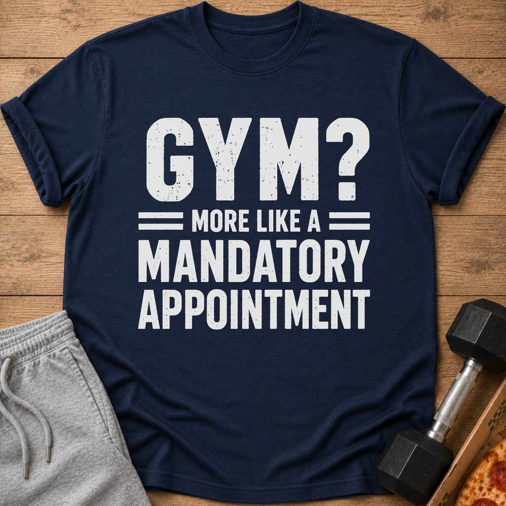 Navy t-shirt with white text reading "GYM? MORE LIKE A MANDATORY APPOINTMENT."