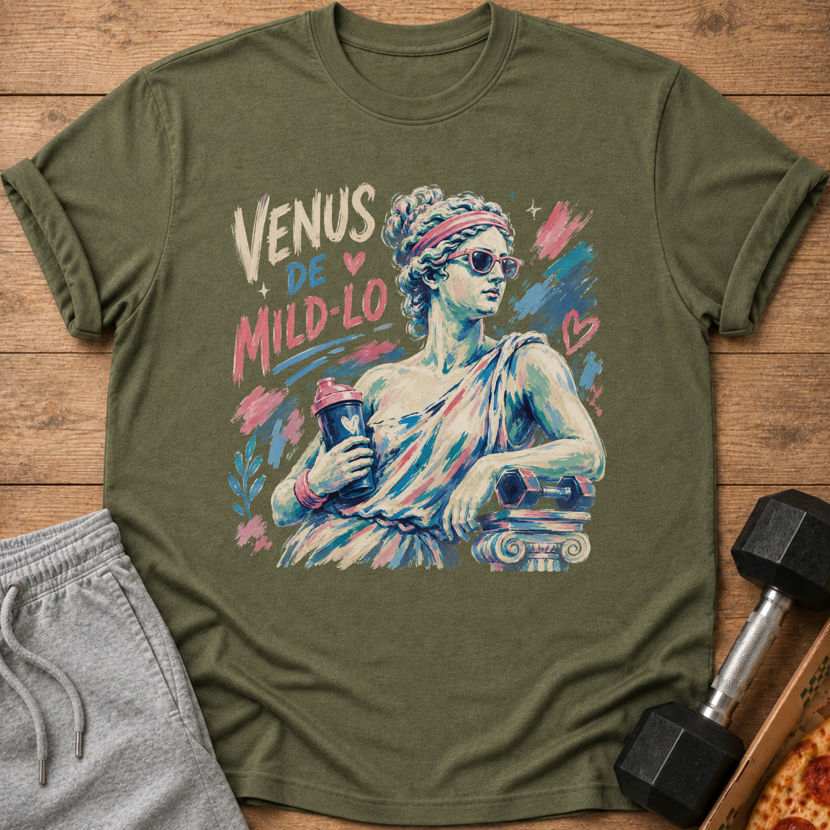 T-shirt with Venus statue wearing sunglasses, holding shaker, and text "VENUS DE MILD-LO".
