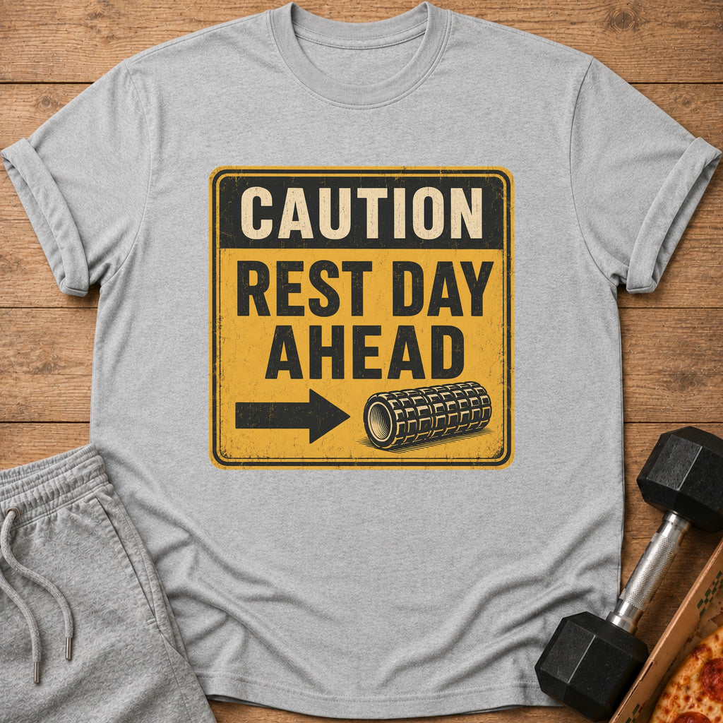 Grey t-shirt with yellow and black sign: CAUTION REST DAY AHEAD with arrow and roller.